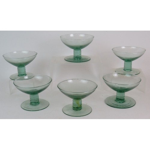 271 - A set of six green recycled glass stemmed dessert bowls, 5 large wine goblets and a hand blown green... 