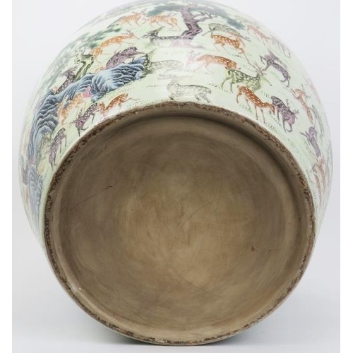 1 - A large Chinese ‘One Hundred Deer’ porcelain fish bowl. Overglaze painted in enamels against a white... 