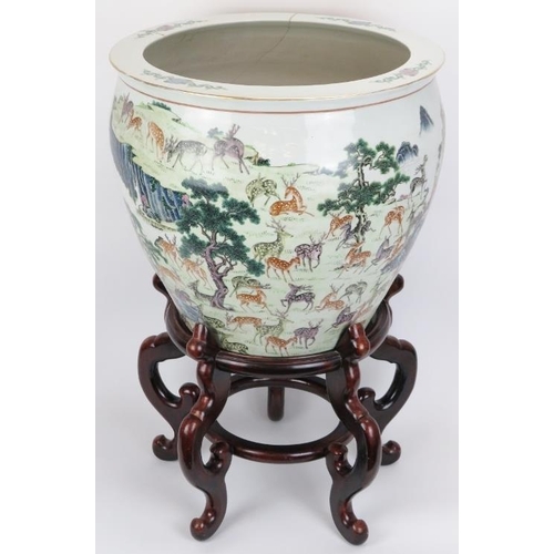 1 - A large Chinese ‘One Hundred Deer’ porcelain fish bowl. Overglaze painted in enamels against a white... 