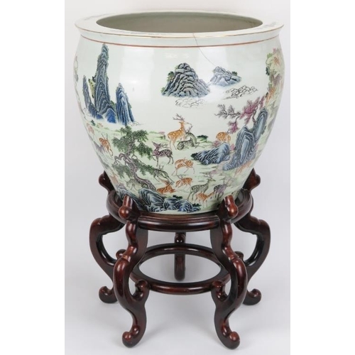 1 - A large Chinese ‘One Hundred Deer’ porcelain fish bowl. Overglaze painted in enamels against a white... 