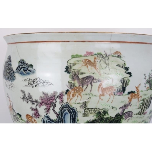 1 - A large Chinese ‘One Hundred Deer’ porcelain fish bowl. Overglaze painted in enamels against a white... 