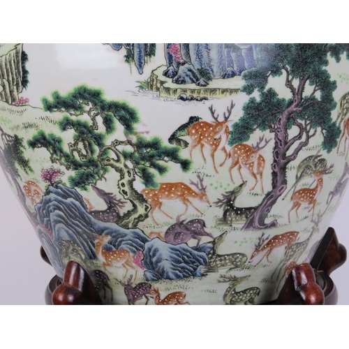 1 - A large Chinese ‘One Hundred Deer’ porcelain fish bowl. Overglaze painted in enamels against a white... 