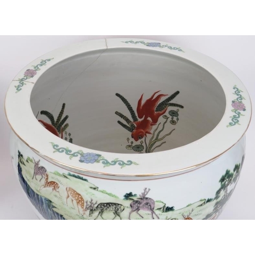 1 - A large Chinese ‘One Hundred Deer’ porcelain fish bowl. Overglaze painted in enamels against a white... 