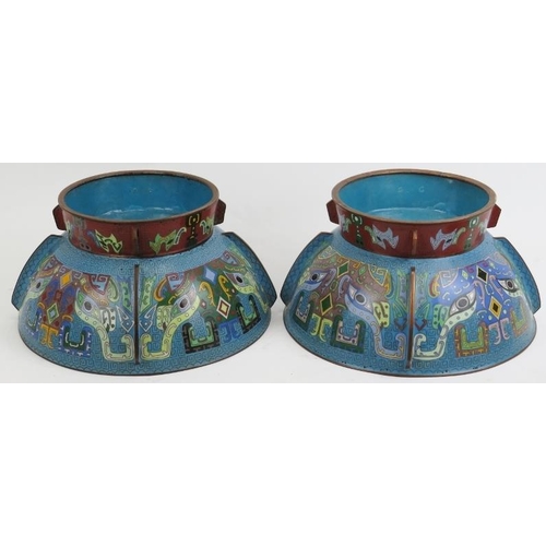 10 - A large pair of Chinese cloisonné bowls with covers. Modelled with archaistic decoration incorporati... 