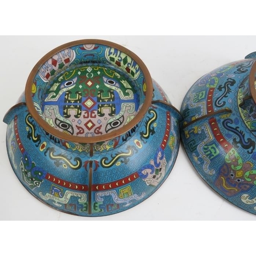 10 - A large pair of Chinese cloisonné bowls with covers. Modelled with archaistic decoration incorporati... 