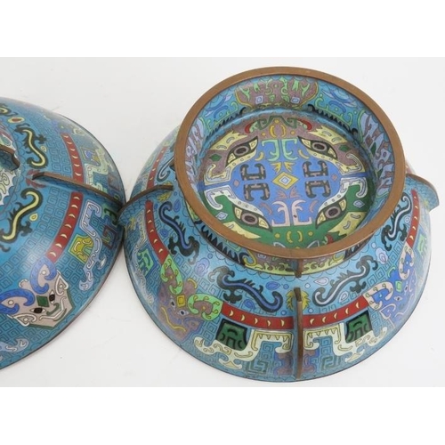 10 - A large pair of Chinese cloisonné bowls with covers. Modelled with archaistic decoration incorporati... 