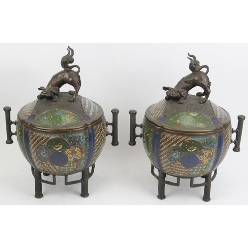 11 - A pair of Chinese cloisonné enamelled bronze censers and covers, late 19th/early 20th century. Both ... 