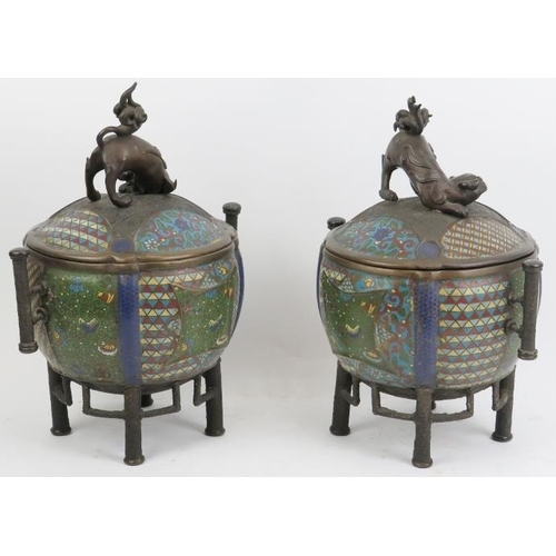 11 - A pair of Chinese cloisonné enamelled bronze censers and covers, late 19th/early 20th century. Both ... 