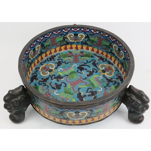 12 - A Chinese cloisonné enamelled bronze tripod jardiniere. Decorated to both the interior and exterior ... 