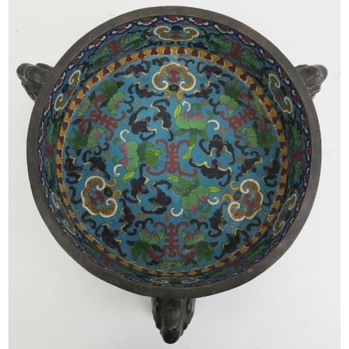 12 - A Chinese cloisonné enamelled bronze tripod jardiniere. Decorated to both the interior and exterior ... 