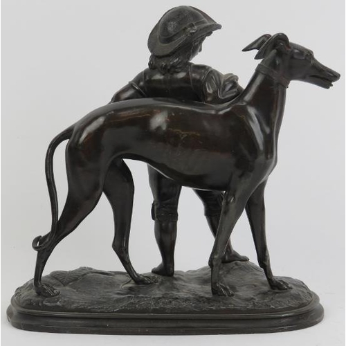 124 - A bronzed spelter statue of a boy with greyhound, probably 19th century. 7.8 in (19.8 cm) length. Co... 