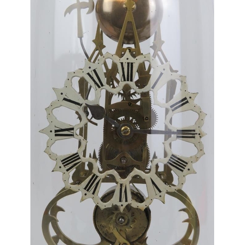 125 - A brass skeleton clock with domed glass cover, 19th century. Fusee movement. Keys and pendulum inclu... 