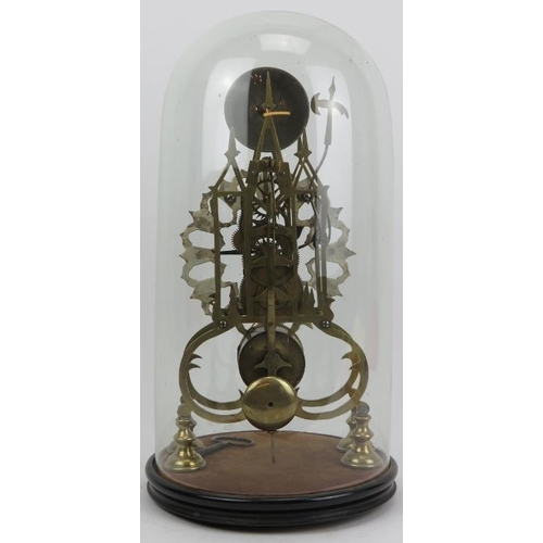 125 - A brass skeleton clock with domed glass cover, 19th century. Fusee movement. Keys and pendulum inclu... 