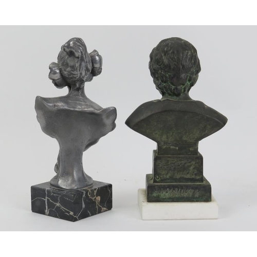 152 - Two miniature cast metal busts, 20th century. Comprising a spelter bust of a maiden after Henry Jaco... 