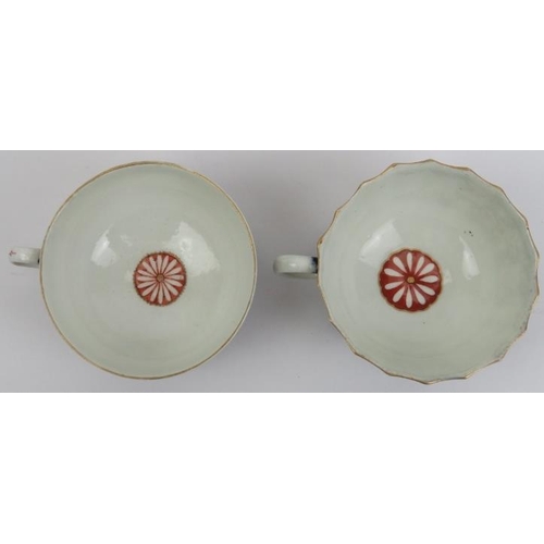 179 - Two similar early Worcester gilt and enamel decorated kakiemon porcelain teacups and saucers, 18th c... 