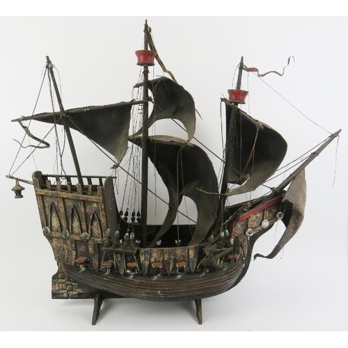 190 - Maritime: A vintage model of a 15th -16th century galleon ship. Hand crafted and painted wood with c... 