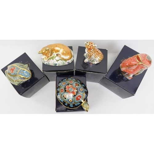 210 - A group of five Royal Crown Derby porcelain paperweight figurines. Comprising a lion cub, cheetah cu... 