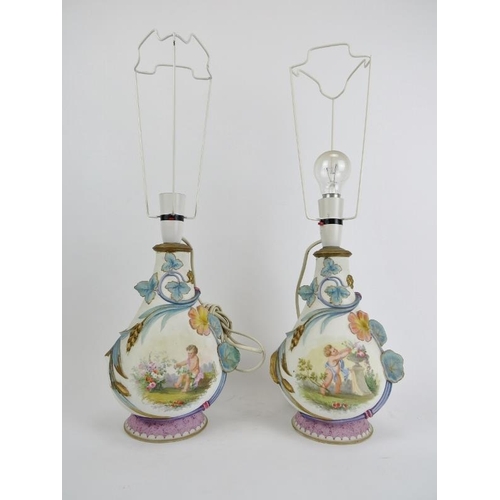 267 - A pair of European vases. Probably Italian. Of bulbous form with hand painted decoration depicting c... 