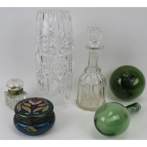 281 - A group of glass items, 19th/early 20th century. Comprising a cut glass vase, decanter, brass mounte... 