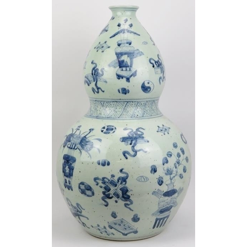 3 - A pair of very large Chinese blue and white porcelain double gourd vase. Decorated throughout with v... 