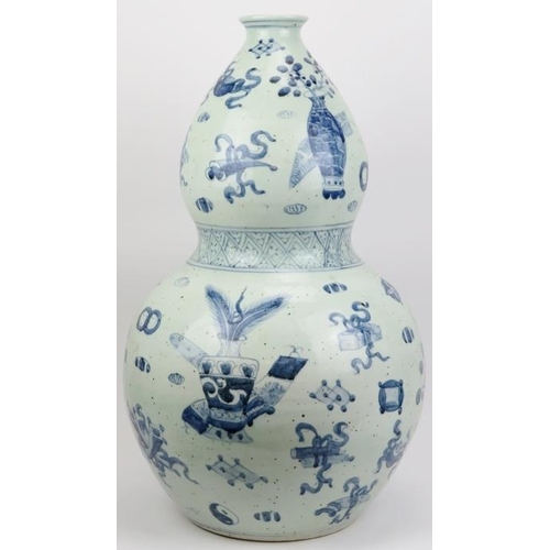 3 - A pair of very large Chinese blue and white porcelain double gourd vase. Decorated throughout with v... 