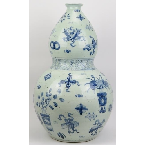 3 - A pair of very large Chinese blue and white porcelain double gourd vase. Decorated throughout with v... 