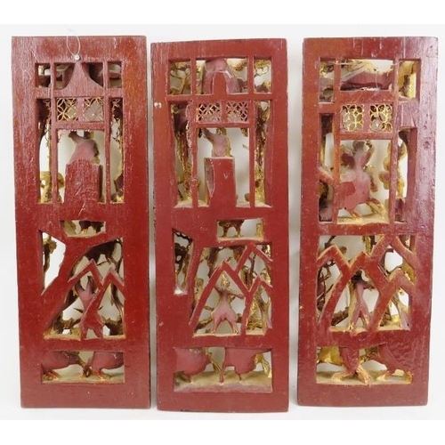 30 - Three Chinese gilt and lacquer painted carved wood panels, 20th century. (3 items) 11.8 in (30 cm) a... 