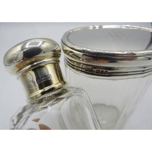 305 - A silver & enamelled scent bottle, Birmingham 1927 and two panel cut silver top jars, London 1914 an... 