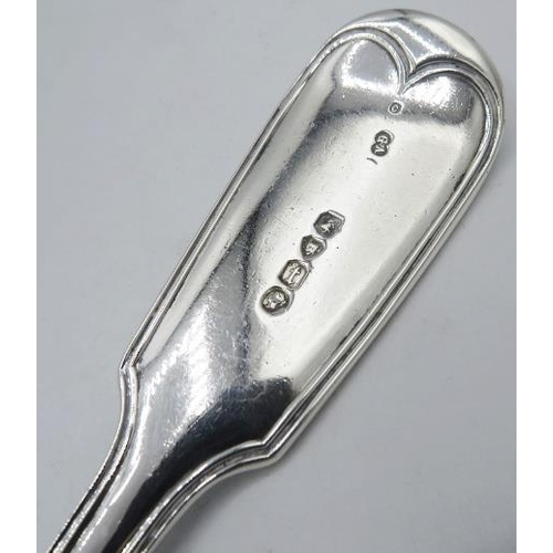 308 - A Victorian silver fiddle & thread pattern basting spoon, London 1874, monogram 'R', George Aldwinck... 