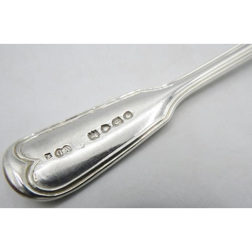 309 - A set of six Victorian silver fiddle & thread pattern dessert spoons, matching previous lot, London ... 