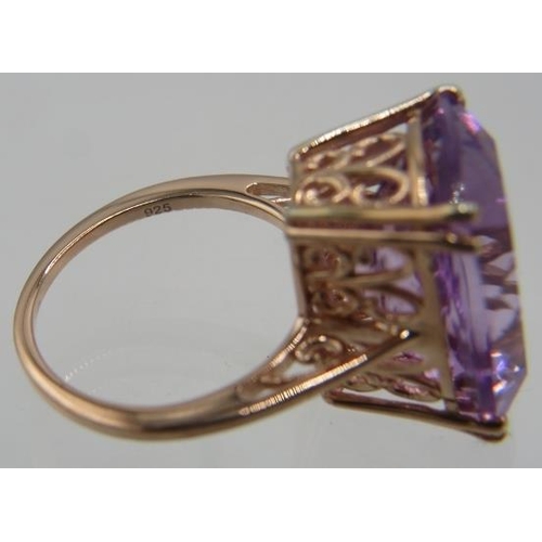 333 - Pink amethyst cushion cut statement ring, size M, 18mm x 13mm high set solitaire of good cut, colour... 