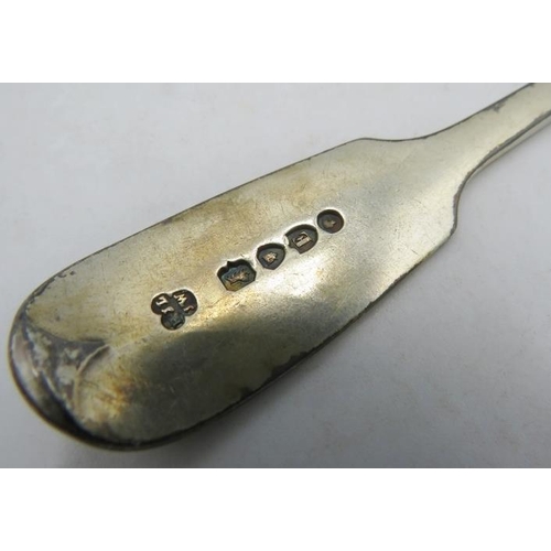 376 - A set of six Victorian silver fiddle pattern dessert spoons, London 1880. Approx weight 9.8 troy oz/... 