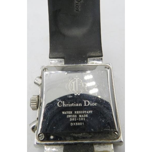 380 - Christian Dior ladies watch 'Riva' stainless steel, set with 43 small diamonds on a black Christian ... 