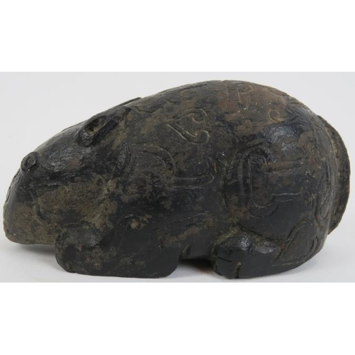 46 - A Chinese archaistic carved black soapstone rodent. Probably carved as a rat in reference to the zod... 