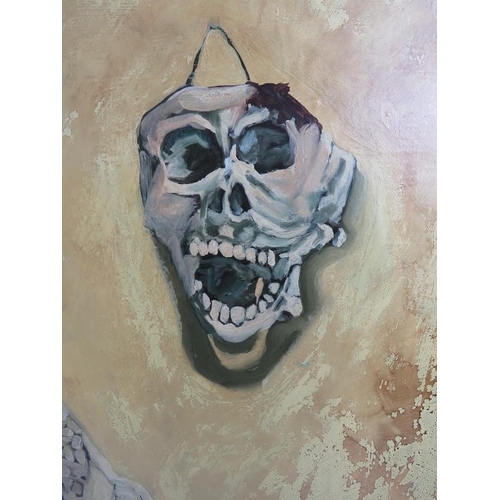 525 - Charlie Pi (British, late 20th/early 21st century) - 'Veiled face, skull, axe', oil on canvas, signe... 