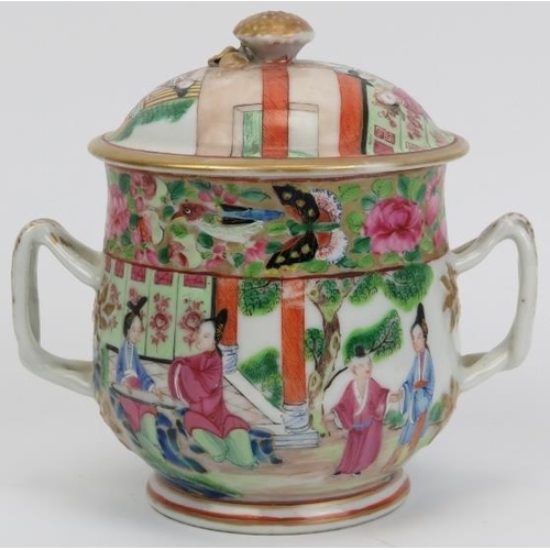 53 - A rare Chinese Export Famille Rose Mandarin twin handled jar and cover, 19th century. 5.3 in (13.5 c... 