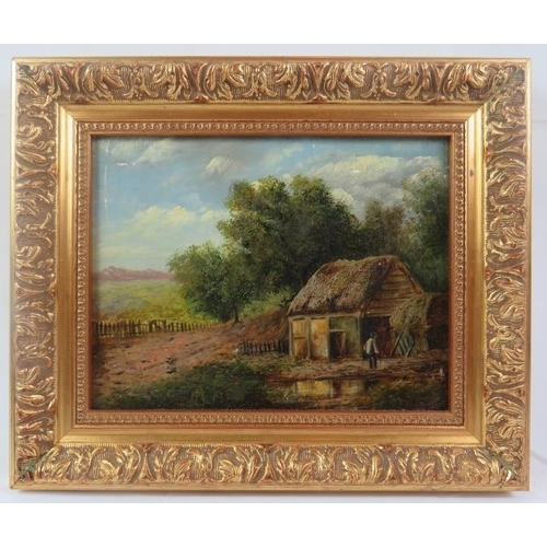 543 - British School (19th century) - 'Country landscape with thatched barn', oil on canvas, 19cm x 25cm, ... 