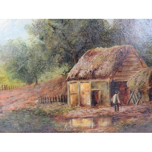 543 - British School (19th century) - 'Country landscape with thatched barn', oil on canvas, 19cm x 25cm, ... 