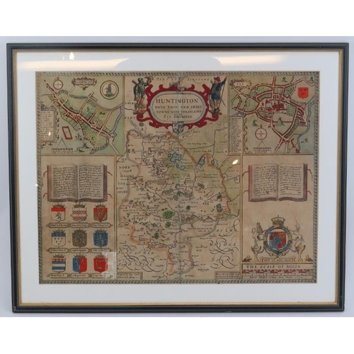 57 - A John Speed Map of Huntington, dated 1662. Hand coloured double page engraving with inset aerial pl... 