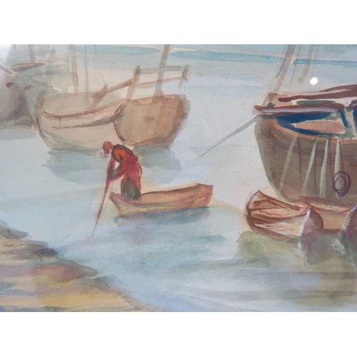 584 - Iranian School (20th century) - 'Moored boats', watercolour, indistinctly signed in Farsi, 22cm x 26... 