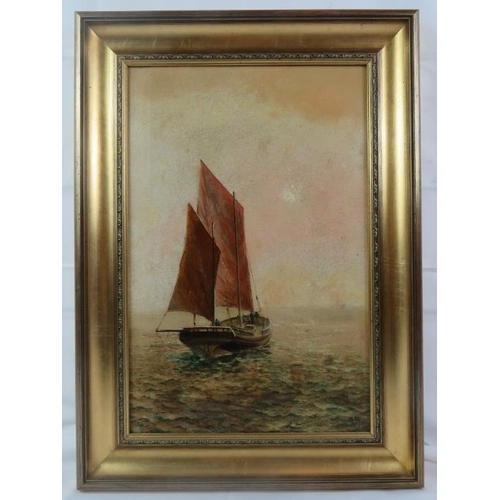 587 - J. Shearer (19th/early 20th century) - 'Sailboat in calm waters', oil on canvas, signed, label verso... 