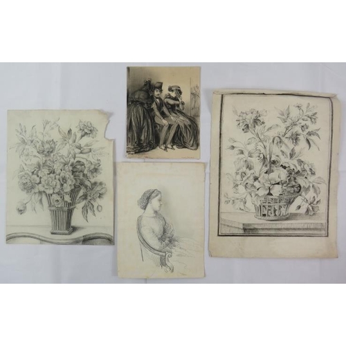 588 - 19th century school - pencil drawings, two flower studies, seated girl and group of  figures inscrib... 