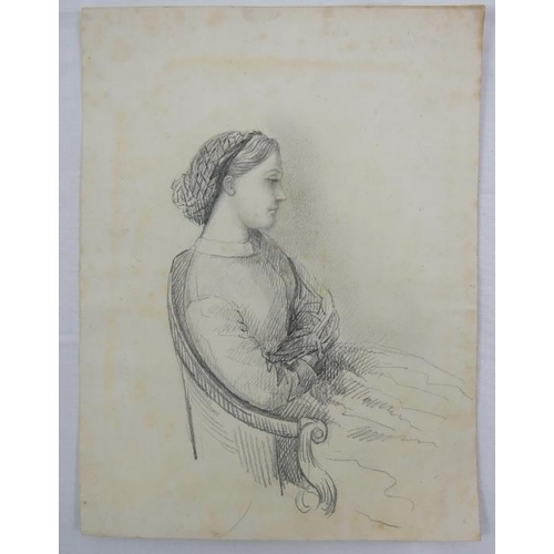 588 - 19th century school - pencil drawings, two flower studies, seated girl and group of  figures inscrib... 