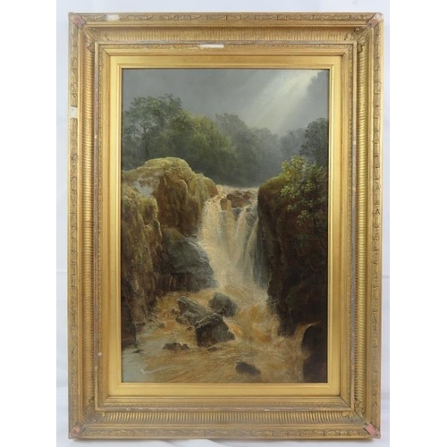 589 - British School (19th century) - 'Mountainous waterfall', oil on canvas, indistinctly signed lower ri... 