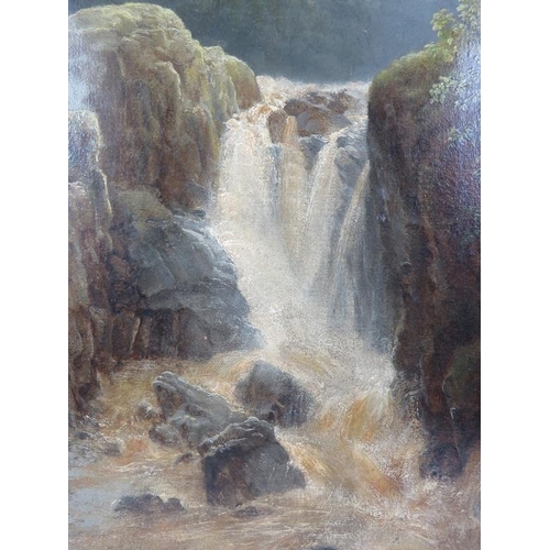 589 - British School (19th century) - 'Mountainous waterfall', oil on canvas, indistinctly signed lower ri... 