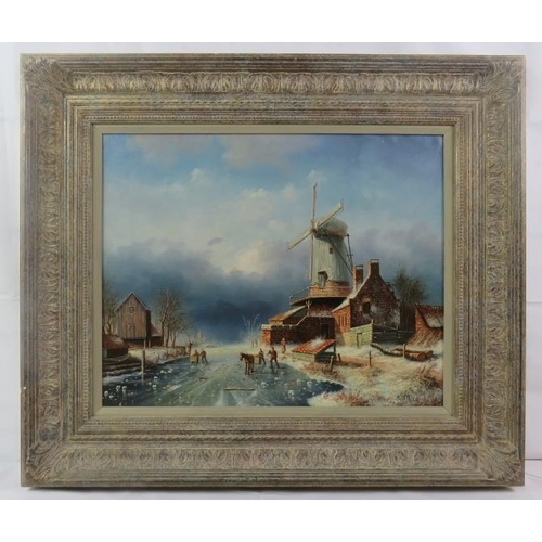 590 - H. Hess (20th century) - 'Dutch Winter landscape', oil on board, signed, label verso for 'National F... 