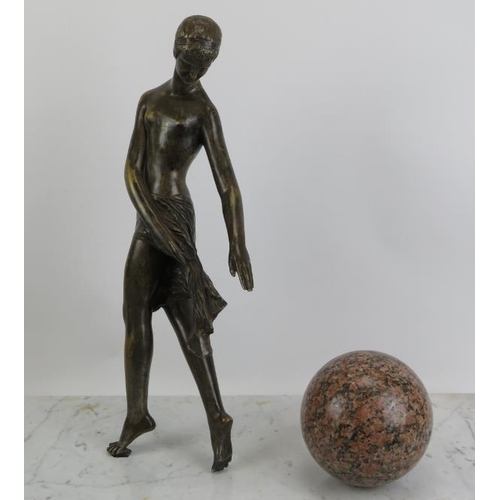 83 - A large Neoclassical bronze and marble sculpture of a Grecian female with ball. The figure cast in b... 