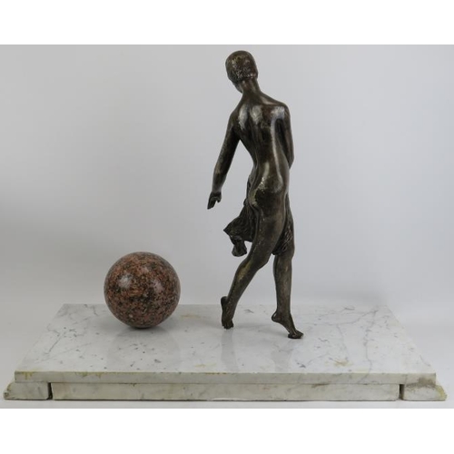 83 - A large Neoclassical bronze and marble sculpture of a Grecian female with ball. The figure cast in b... 