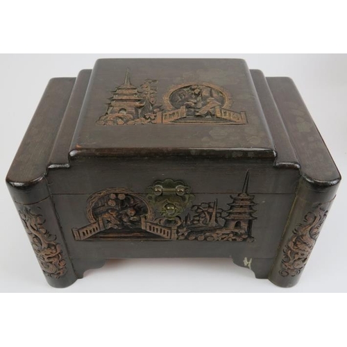 88 - Four Chinese carved wood boxes, 20th century. Comprising three graduated boxes carved depicting bird... 