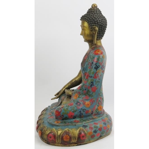 9 - A large Chinese cloisonné and gilt metal seated Buddha, 20th century. Depicted seated on a lotus bas... 